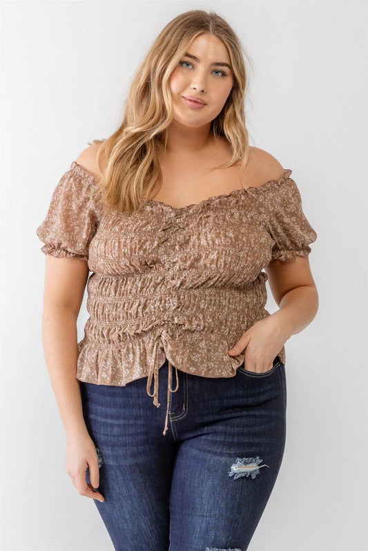 Plus Size Mocha Floral Chiffon Ruched Smocked Off-The-Shoulder Top - Tasha Apparel Wholesale