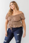 Plus Size Mocha Floral Chiffon Ruched Smocked Off-The-Shoulder Top /2-1-1 - Tasha Apparel Wholesale