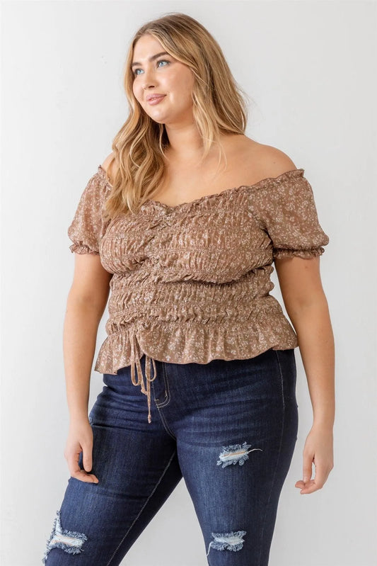 Plus Size Mocha Floral Chiffon Ruched Smocked Off-The-Shoulder Top /2-1-1 - Tasha Apparel Wholesale