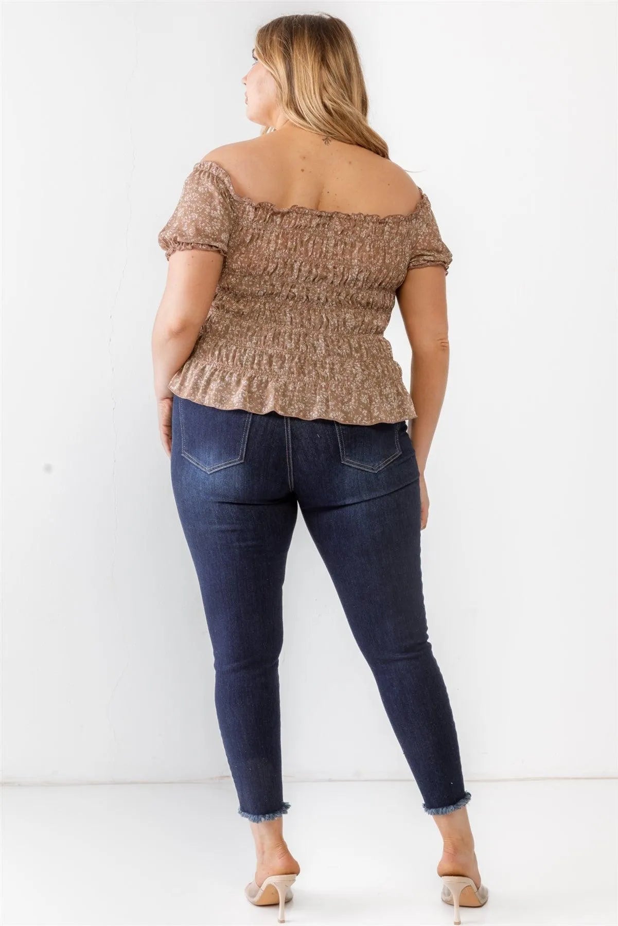 Plus Size Mocha Floral Chiffon Ruched Smocked Off-The-Shoulder Top /2-1-1 - Tasha Apparel Wholesale