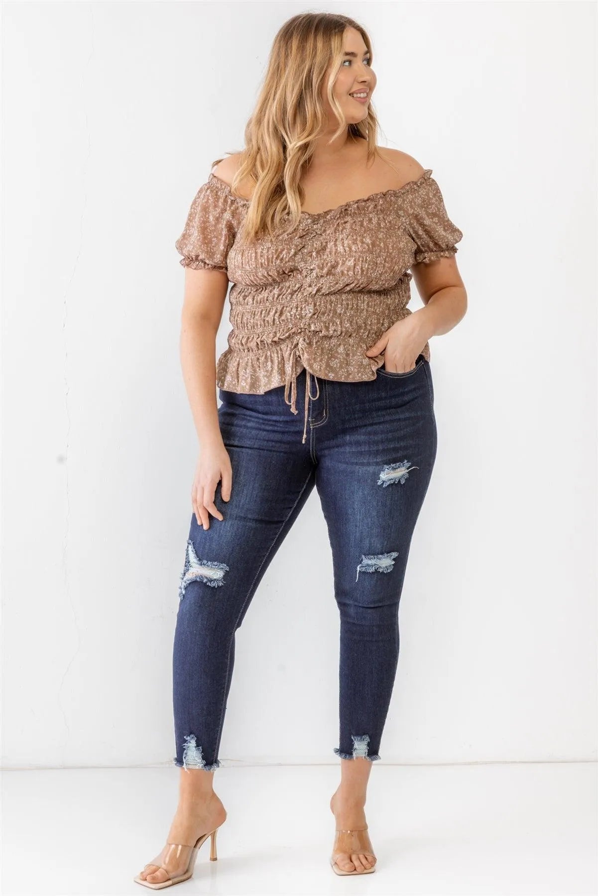 Plus Size Mocha Floral Chiffon Ruched Smocked Off-The-Shoulder Top /2-1-1 - Tasha Apparel Wholesale