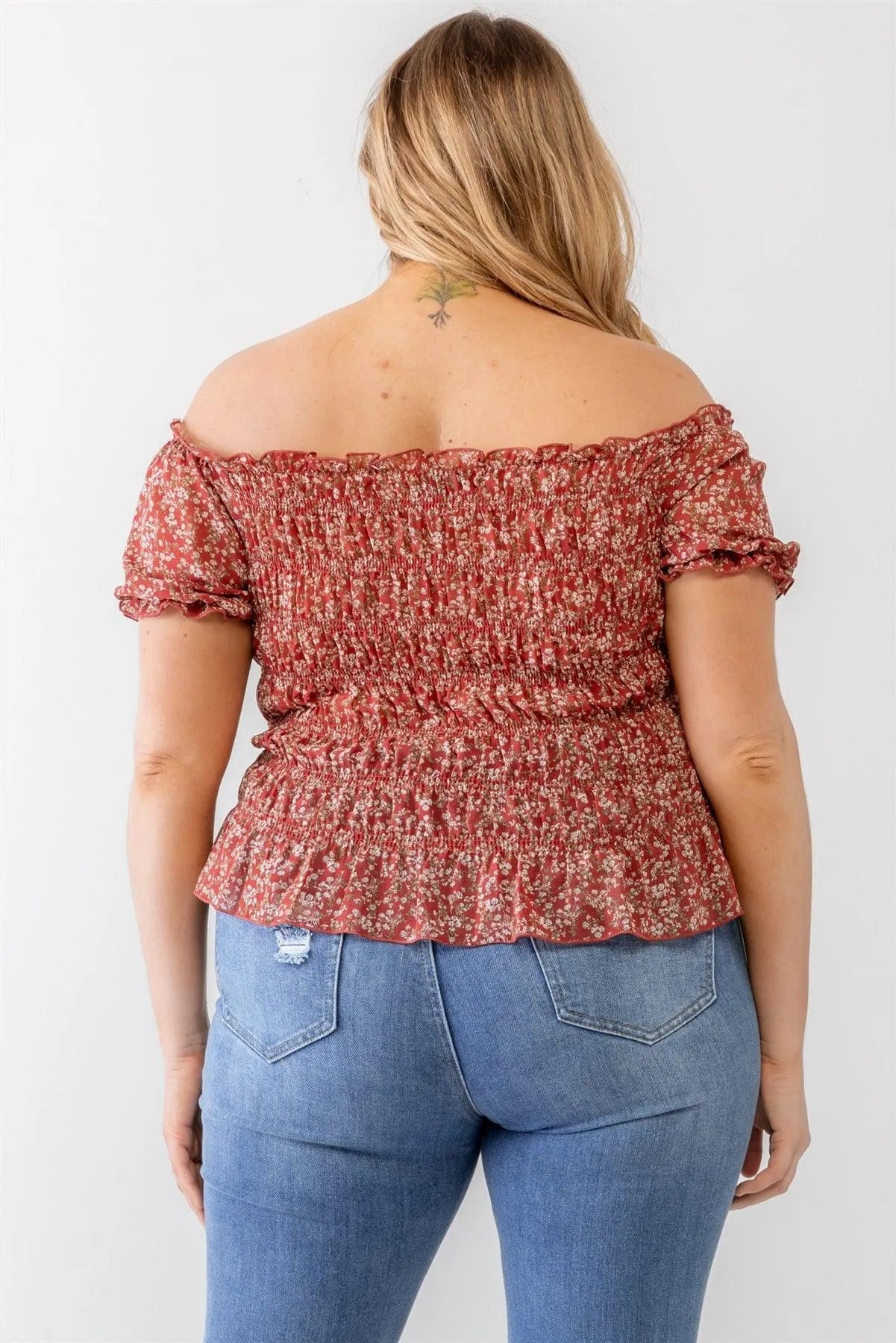 Plus Size Red Floral Chiffon Ruched Smocked Off-The-Shoulder Top /1-1-1 - Tasha Apparel Wholesale