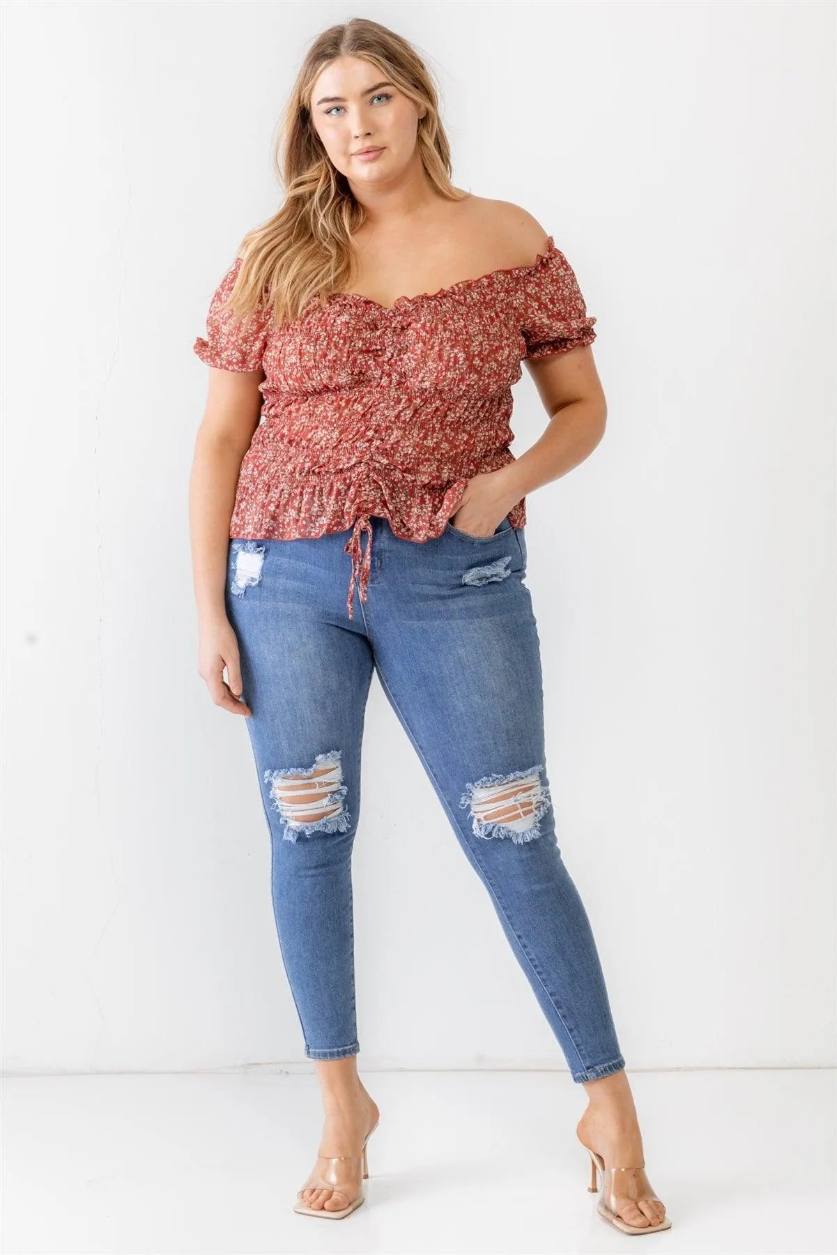 Plus Size Red Floral Chiffon Ruched Smocked Off-The-Shoulder Top /2-1-1 - Tasha Apparel Wholesale