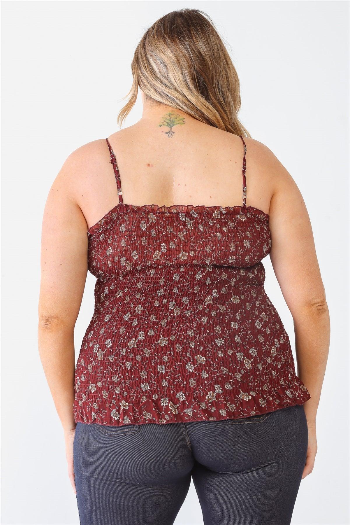 Junior Plus Burgundy  Floral Ruched Sleeveless Top /1-1-1