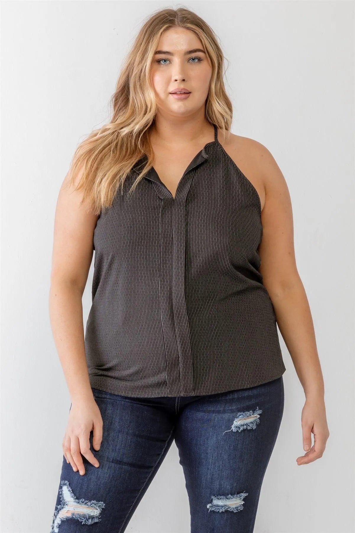 Plus Size Black Striped Print Sleeveless Strappy Tank Top - Tasha Apparel Wholesale