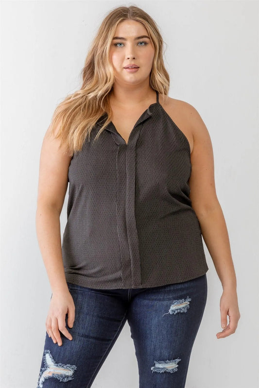 Plus Size Black Striped Print Sleeveless Strappy Tank Top - Tasha Apparel Wholesale