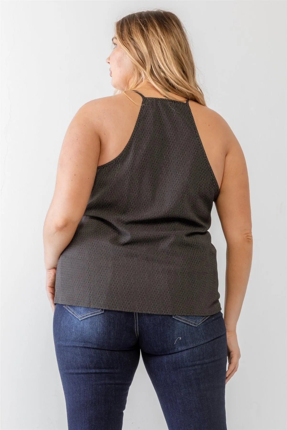 Plus Size Black Striped Print Sleeveless Strappy Tank Top - Tasha Apparel Wholesale