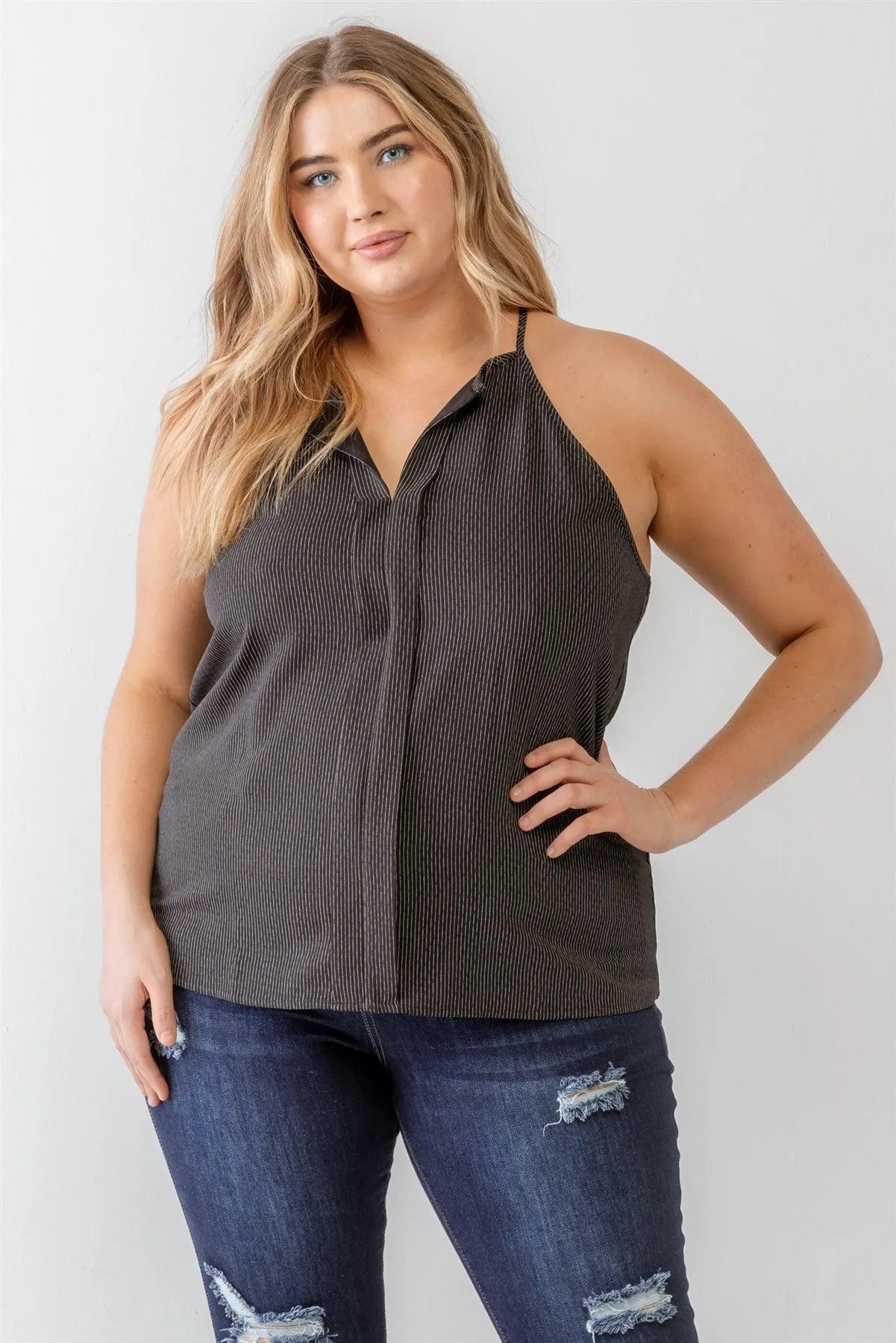 Plus Size Black Striped Print Sleeveless Strappy Tank Top - Tasha Apparel Wholesale