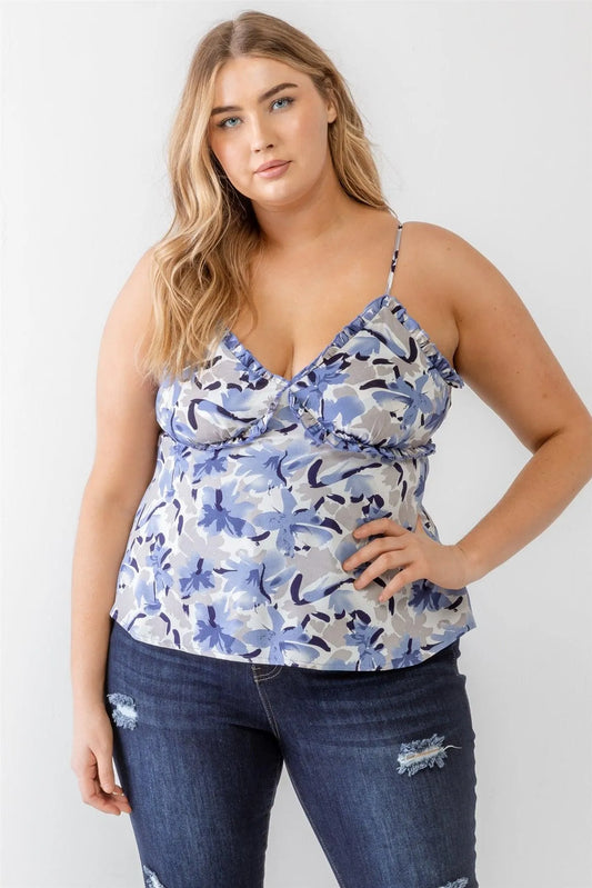 Junior Plus Blue Floral Print Woven Ruffle Sleeveless Back Zipper Tank Top /2-3-1 - Tasha Apparel Wholesale