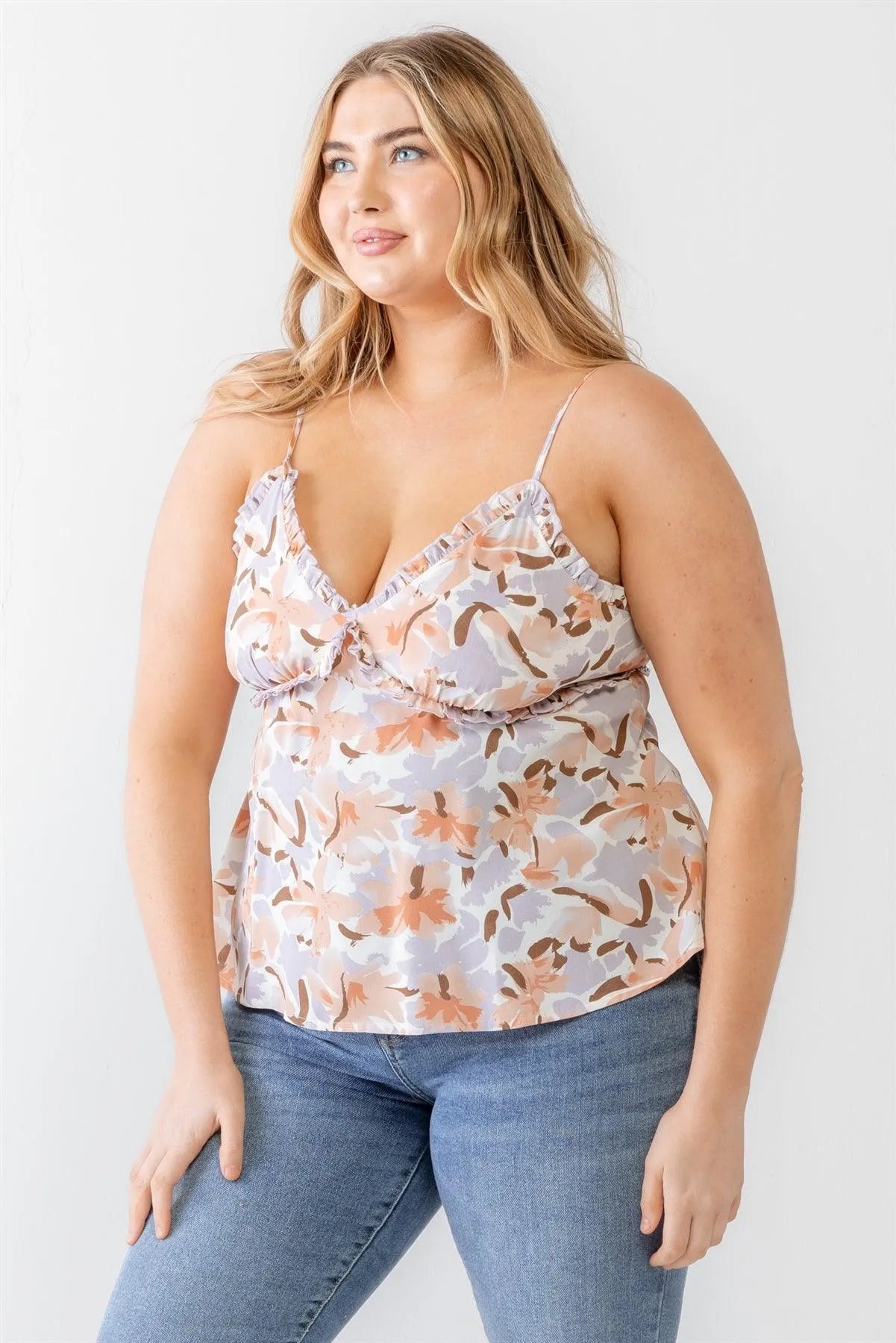 Junior Plus Lavender Floral Print Woven Ruffle Sleeveless Back Zipper Tank Top /3-3 - Tasha Apparel Wholesale