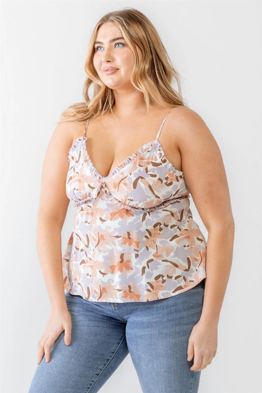 Junior Plus Lavender Floral Print Woven Ruffle Sleeveless Back Zipper Tank Top /3-3 - Tasha Apparel Wholesale