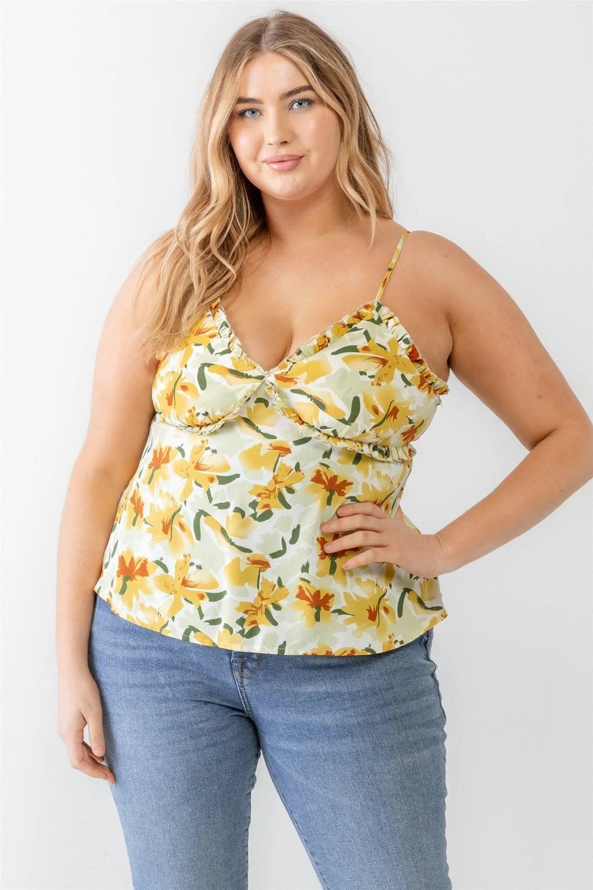 Junior Plus Sage Floral Print Woven Ruffle Sleeveless Back Zipper Tank Top /2-1-2 - Tasha Apparel Wholesale
