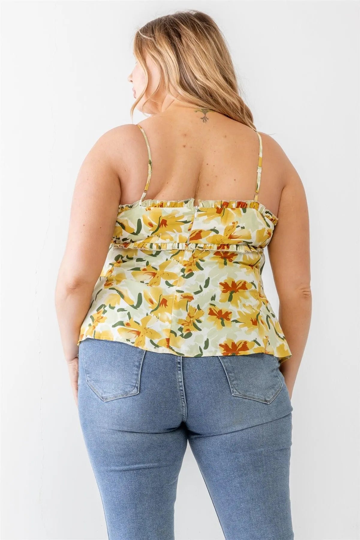 Junior Plus Sage Floral Print Woven Ruffle Sleeveless Back Zipper Tank Top /2-1-2 - Tasha Apparel Wholesale
