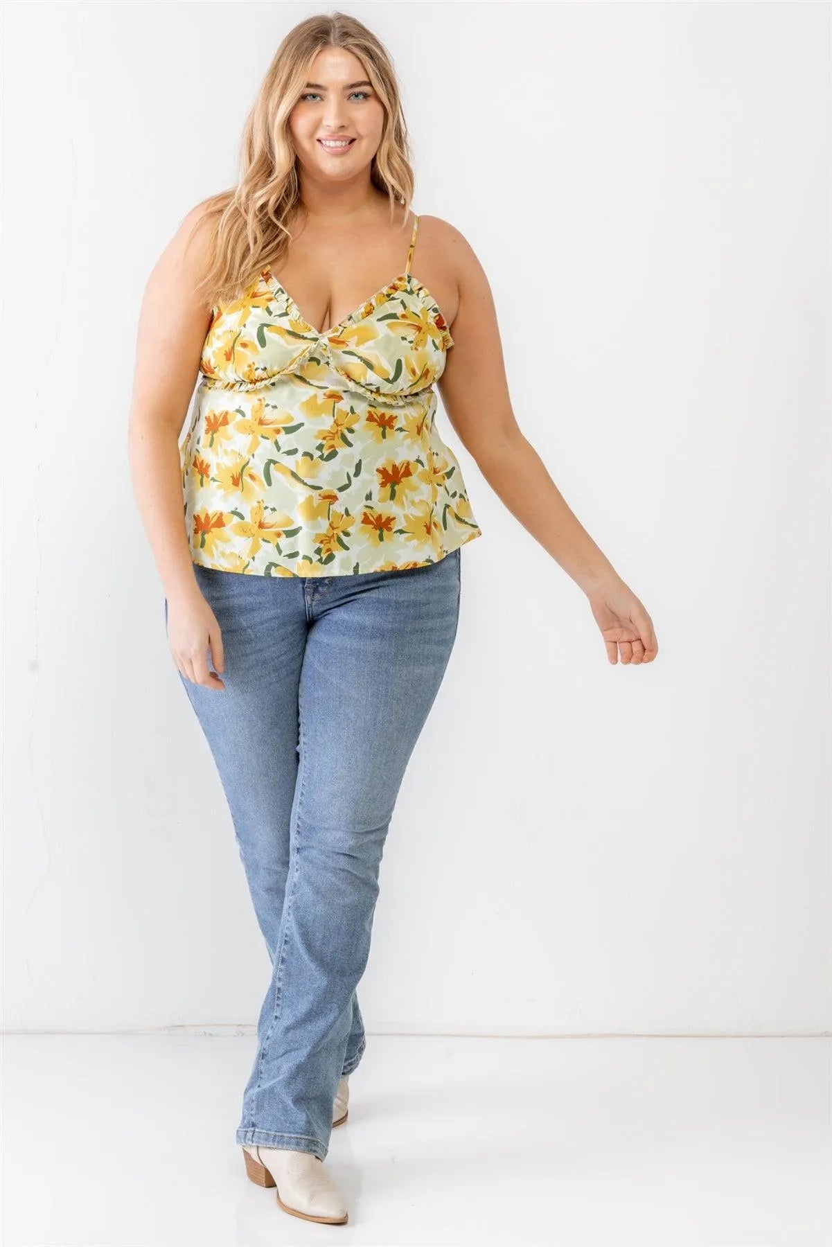 Junior Plus Sage Floral Print Woven Ruffle Sleeveless Back Zipper Tank Top /2-1-2 - Tasha Apparel Wholesale