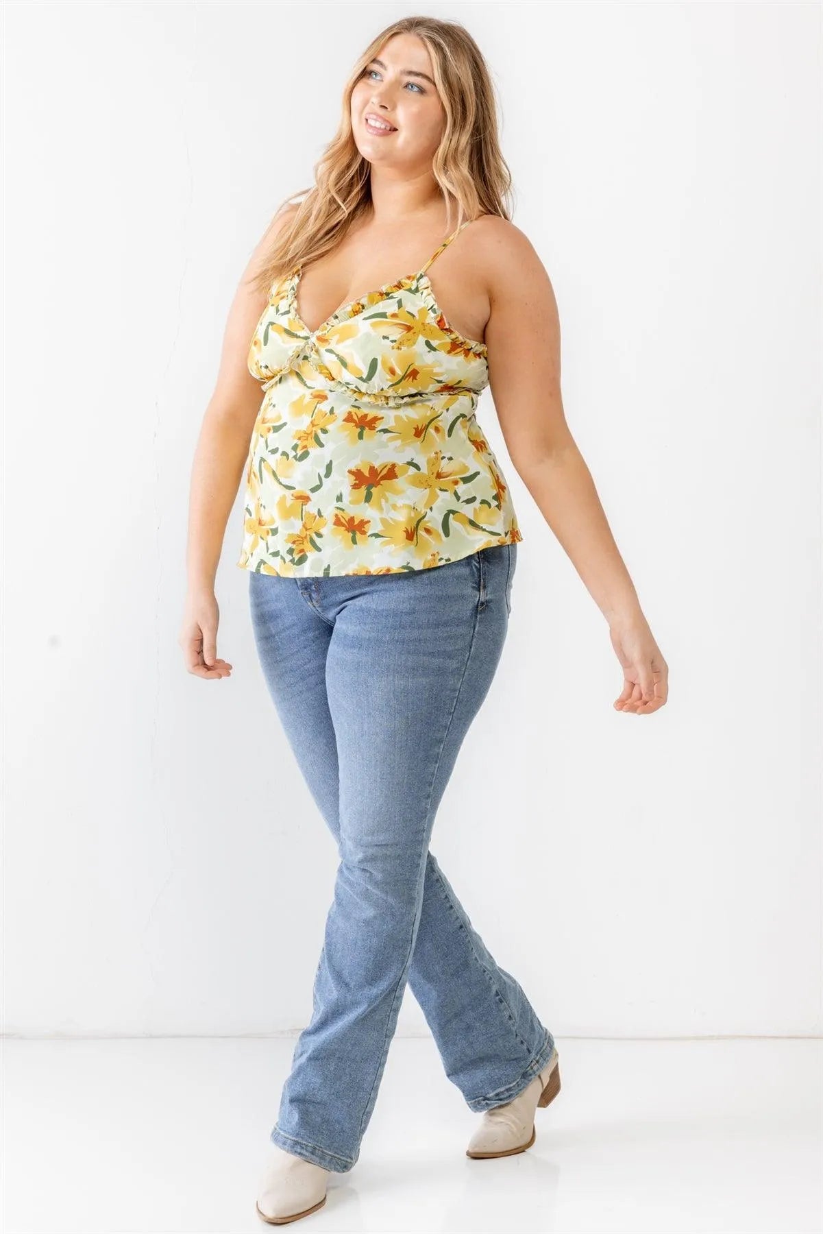 Junior Plus Sage Floral Print Woven Ruffle Sleeveless Back Zipper Tank Top /2-1-2 - Tasha Apparel Wholesale