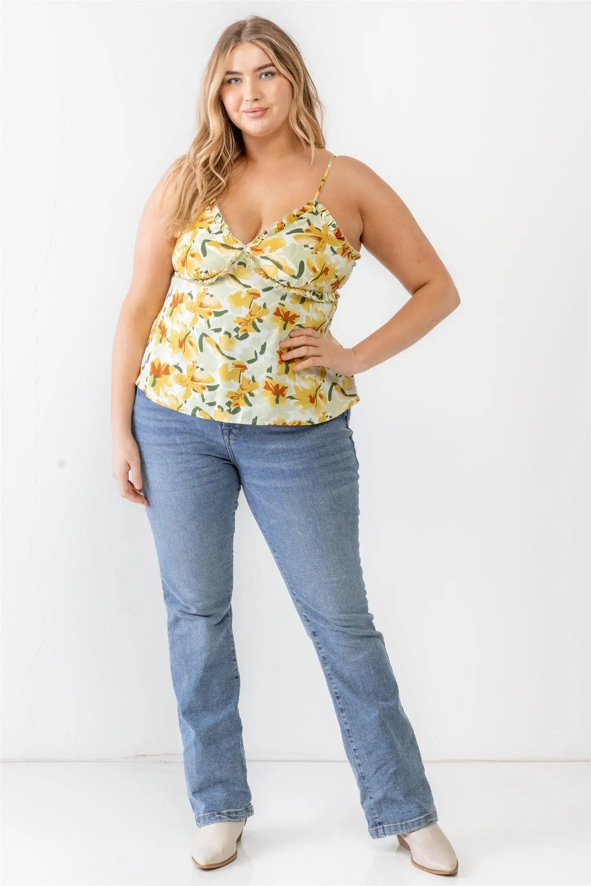Junior Plus Sage Floral Print Woven Ruffle Sleeveless Back Zipper Tank Top /2-1-2 - Tasha Apparel Wholesale