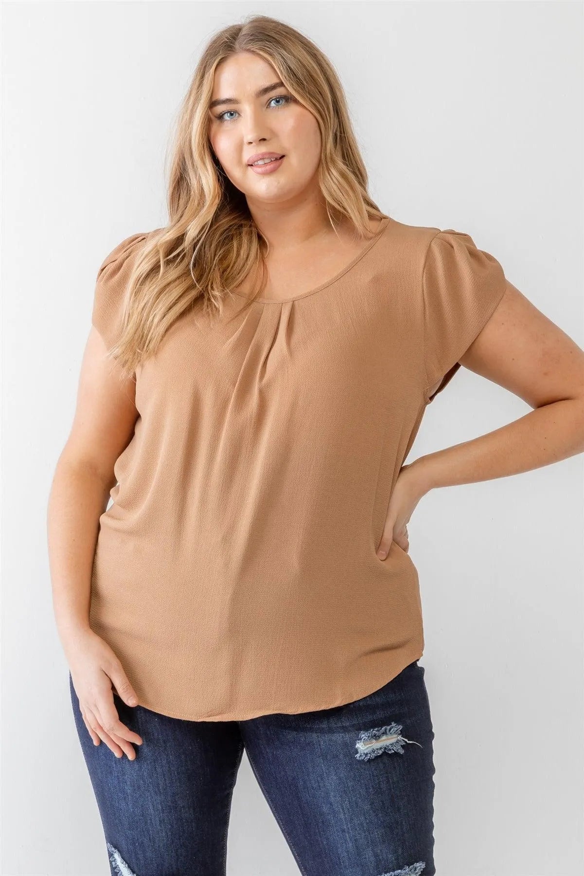 Junior Plus Khaki Koshibo Textured Cap Sleeve Top /1-1-1 - Tasha Apparel Wholesale