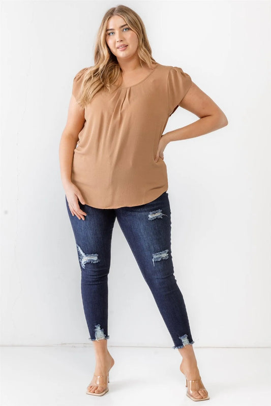 Junior Plus Khaki Koshibo Textured Cap Sleeve Top /1-1-2 - Tasha Apparel Wholesale