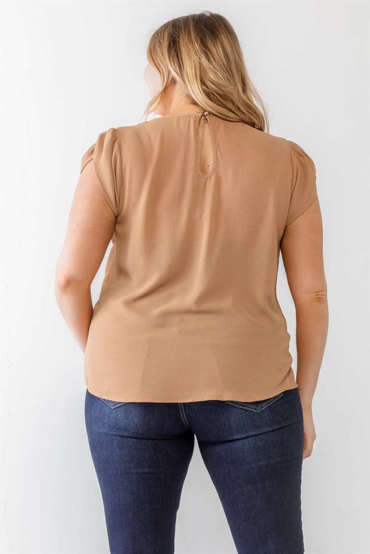 Junior Plus Khaki Koshibo Textured Cap Sleeve Top /1-1-2 - Tasha Apparel Wholesale