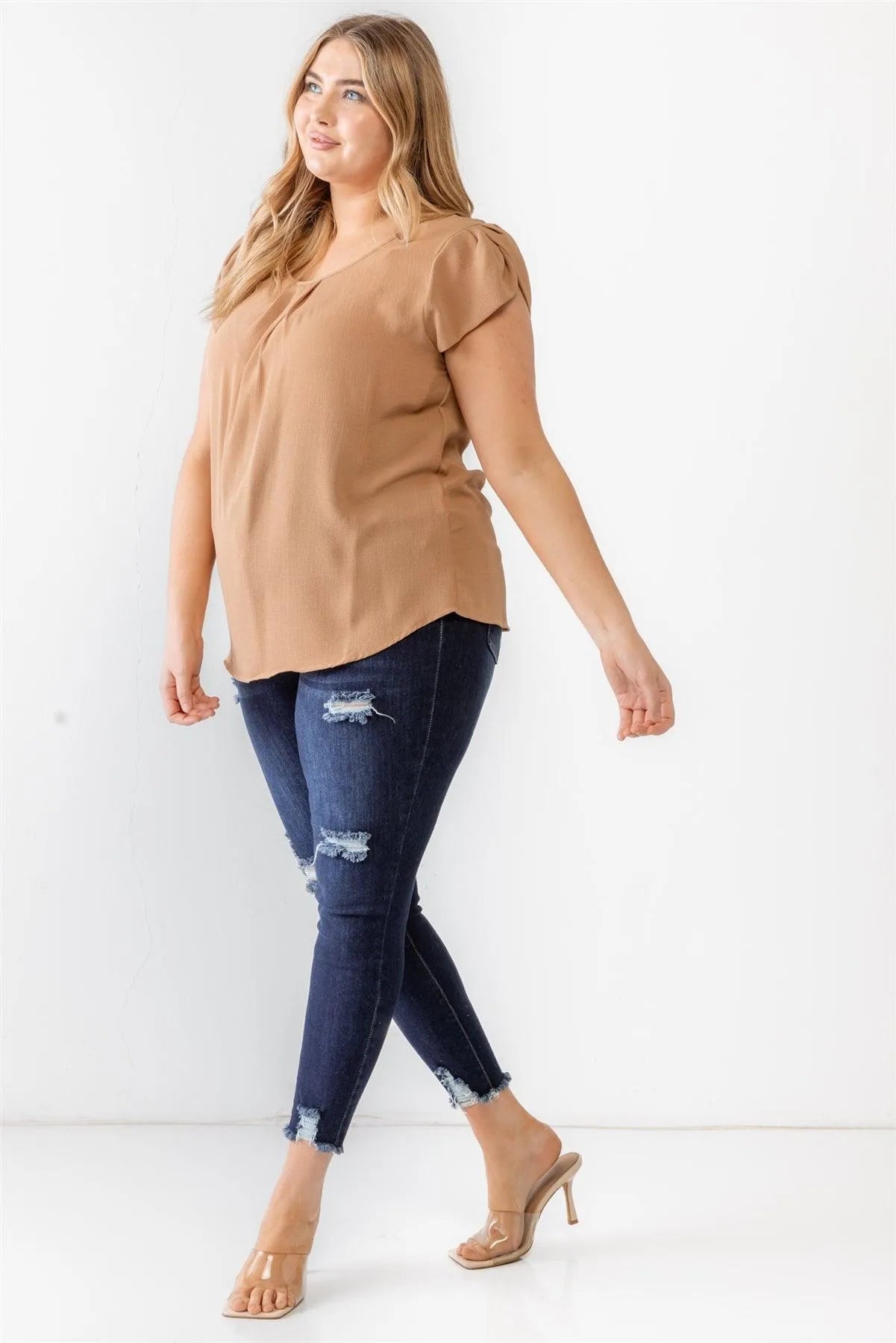 Junior Plus Khaki Koshibo Textured Cap Sleeve Top /1-1-2 - Tasha Apparel Wholesale