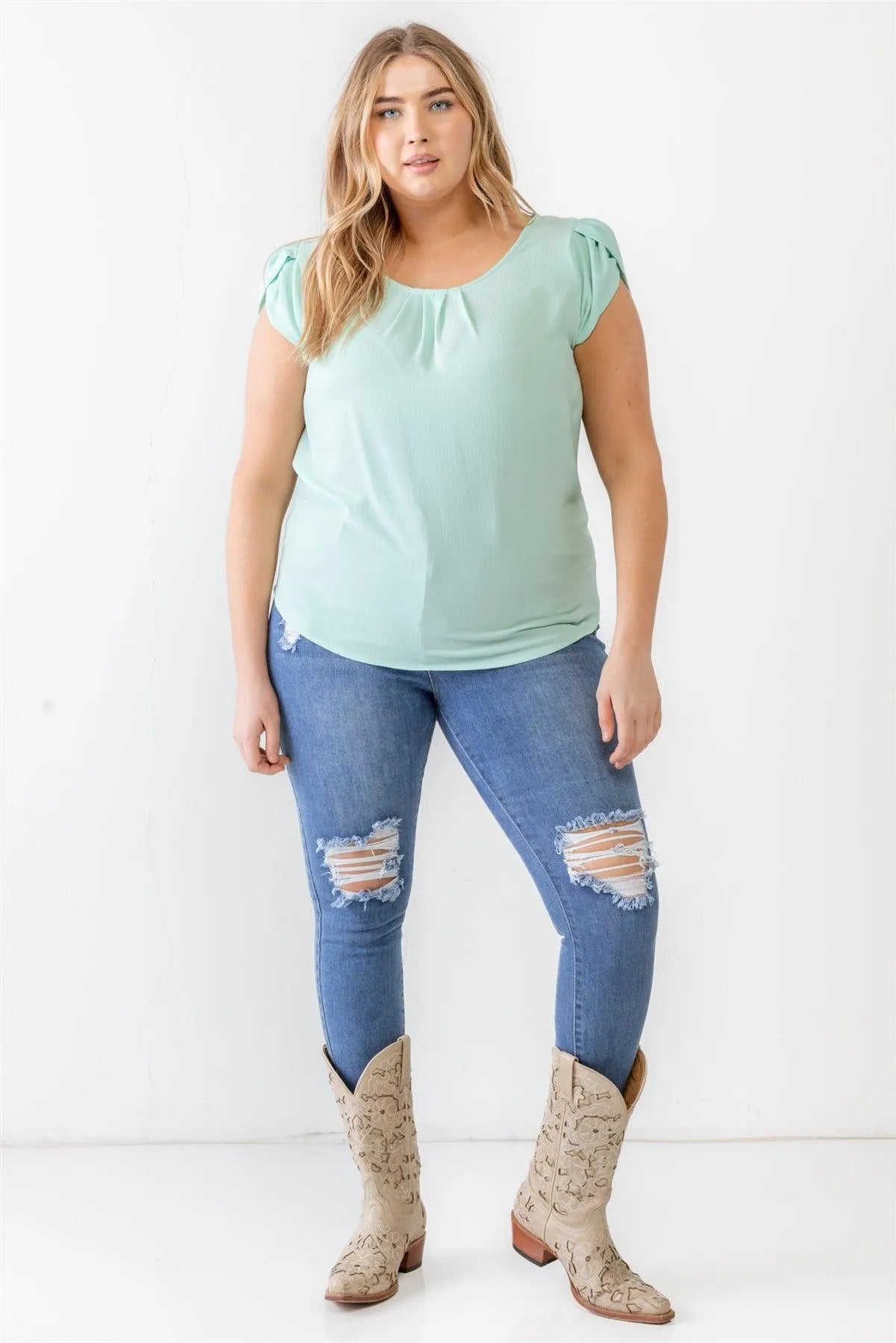 Junior Plus Mint Koshibo Textured Cap Sleeve Top /1-1-1 - Tasha Apparel Wholesale