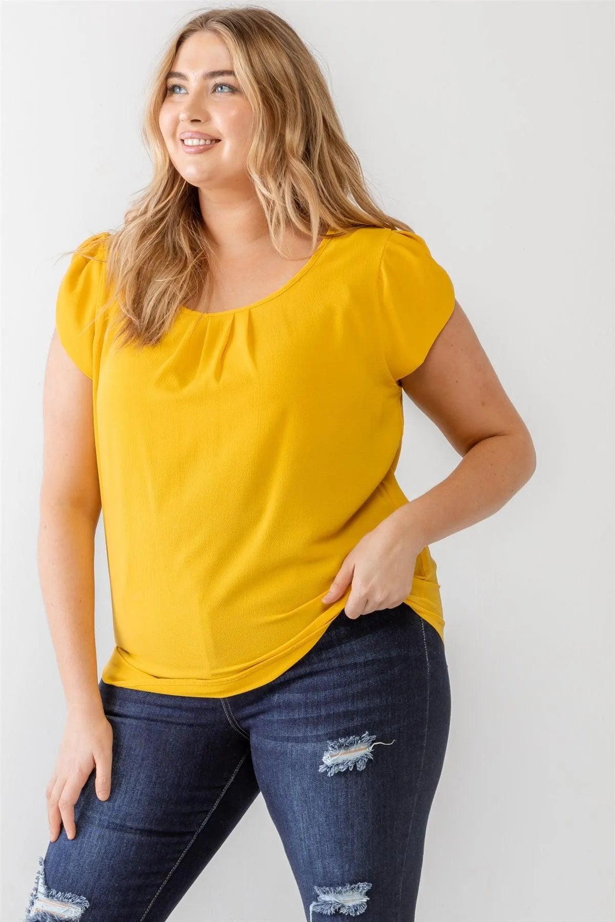 Junior Plus Mustard Koshibo Textured Cap Sleeve Top /1-1-1 - Tasha Apparel Wholesale