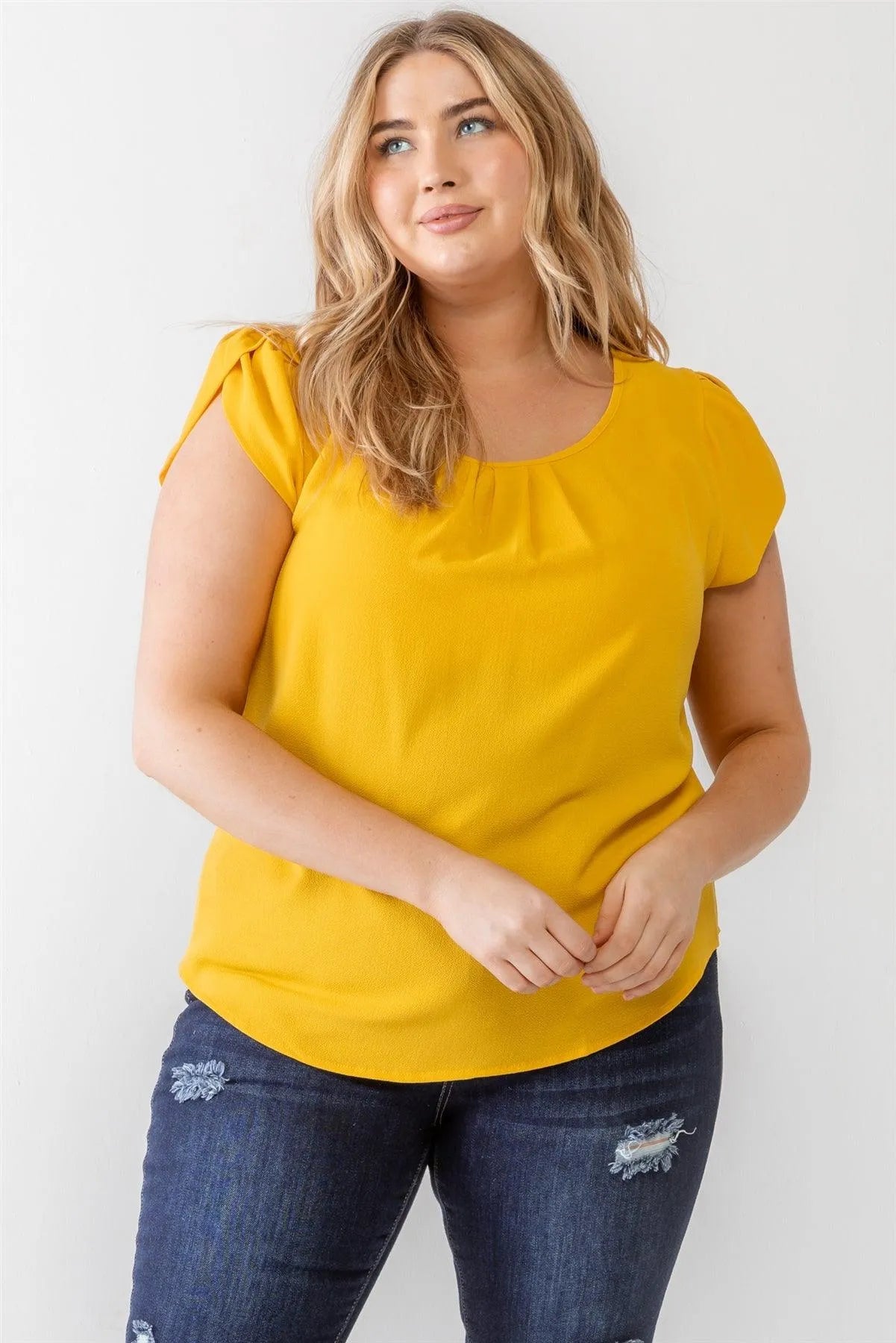 Junior Plus Mustard Koshibo Textured Cap Sleeve Top /1-1-1 - Tasha Apparel Wholesale