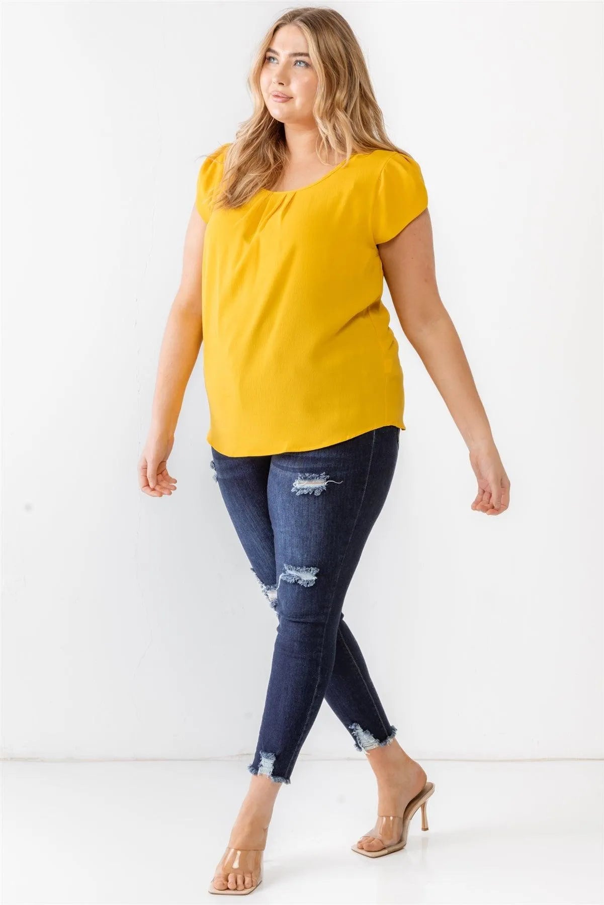 Junior Plus Mustard Koshibo Textured Cap Sleeve Top /1-1-1 - Tasha Apparel Wholesale