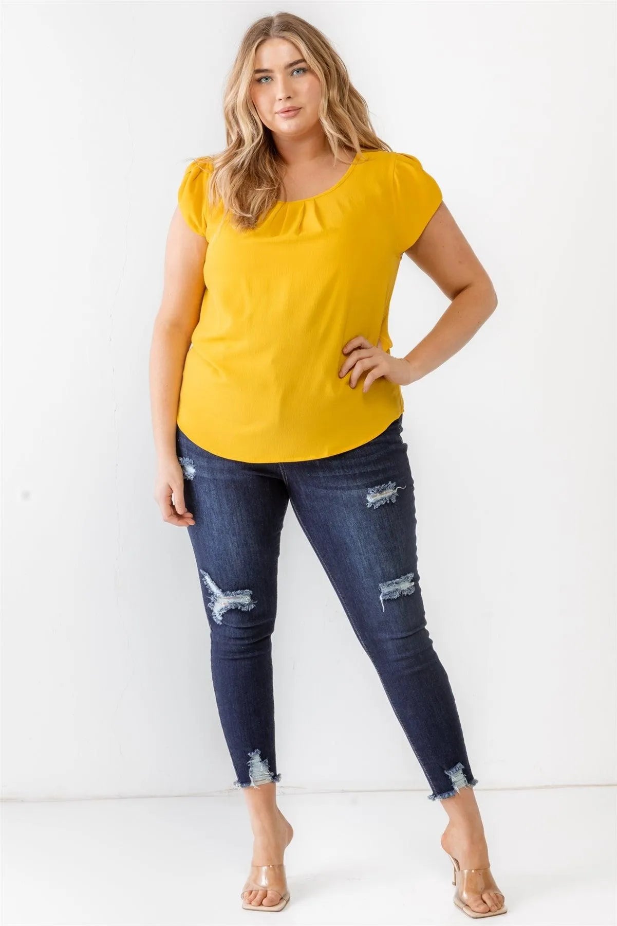 Junior Plus Mustard Koshibo Textured Cap Sleeve Top /1-1-1 - Tasha Apparel Wholesale