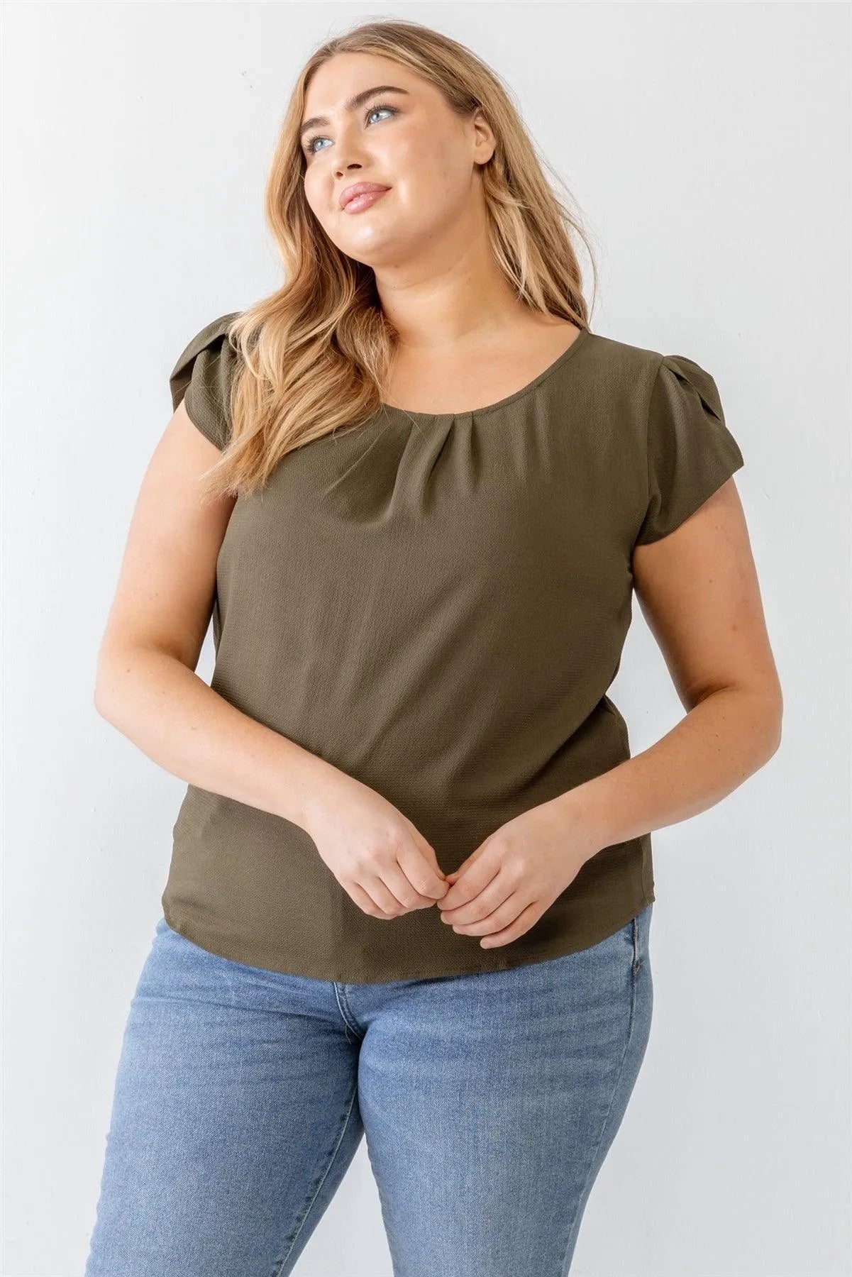 Junior Plus Olive Koshibo Textured Cap Sleeve Top /1-1-1 - Tasha Apparel Wholesale
