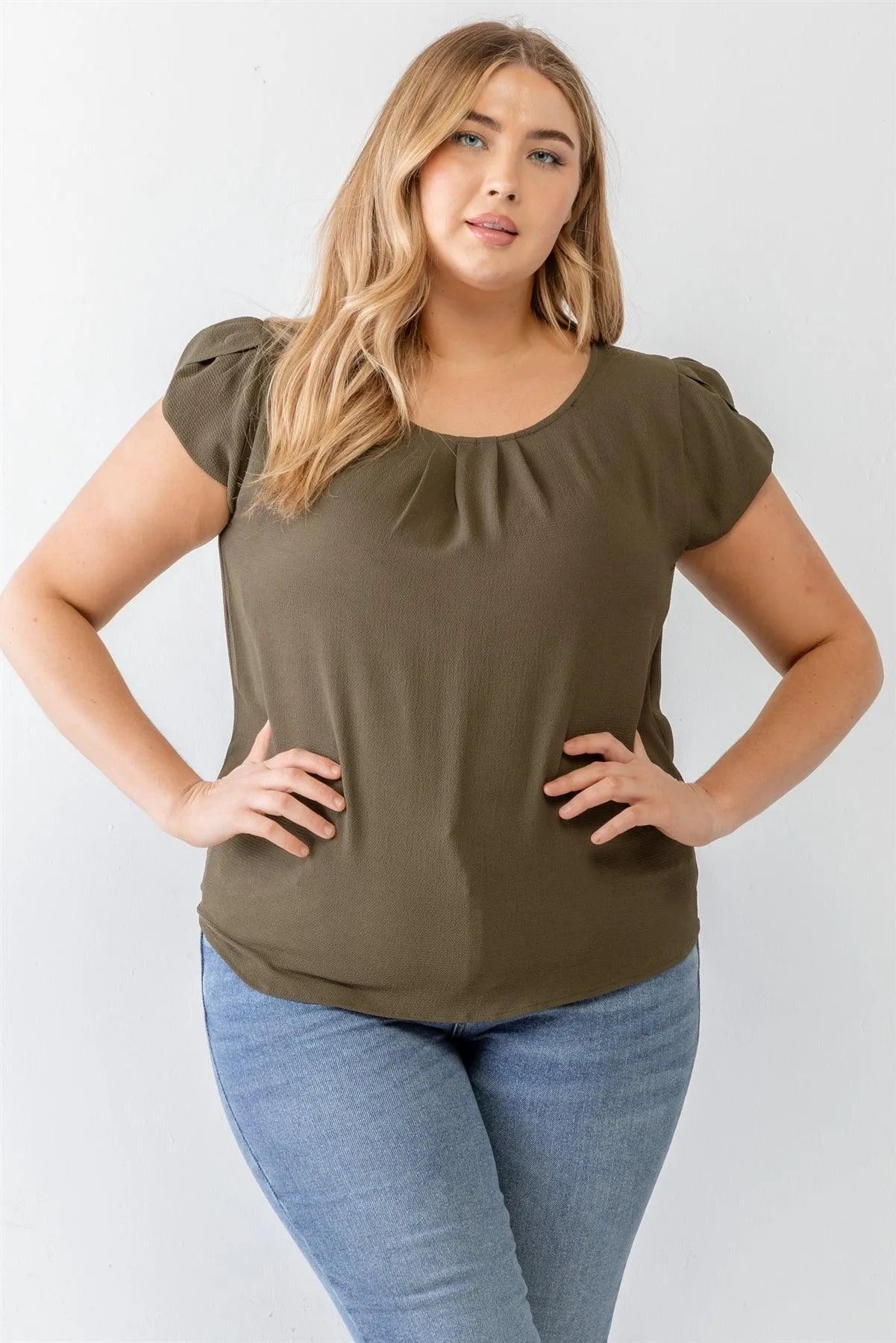 Junior Plus Olive Koshibo Textured Cap Sleeve Top /1-1-1 - Tasha Apparel Wholesale