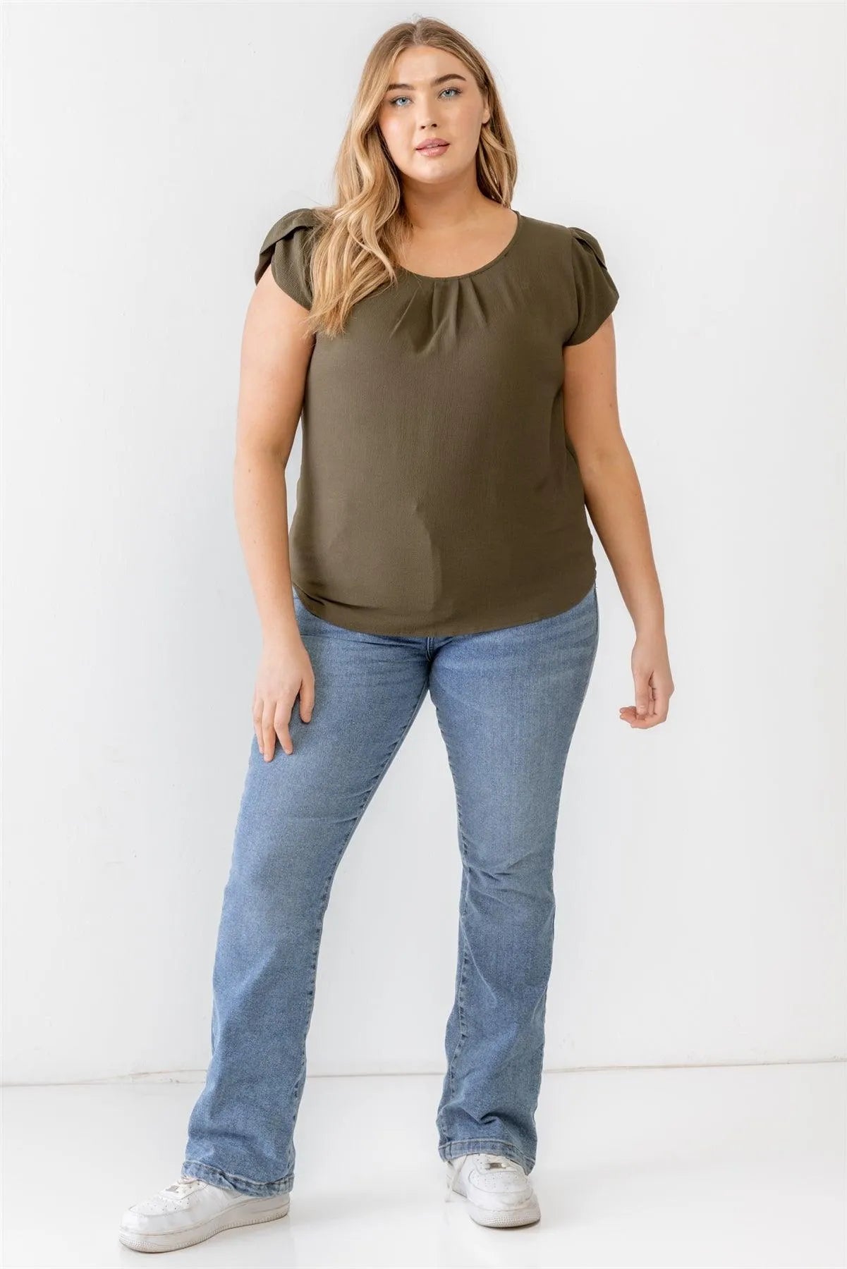 Junior Plus Olive Koshibo Textured Cap Sleeve Top /1-1-1 - Tasha Apparel Wholesale