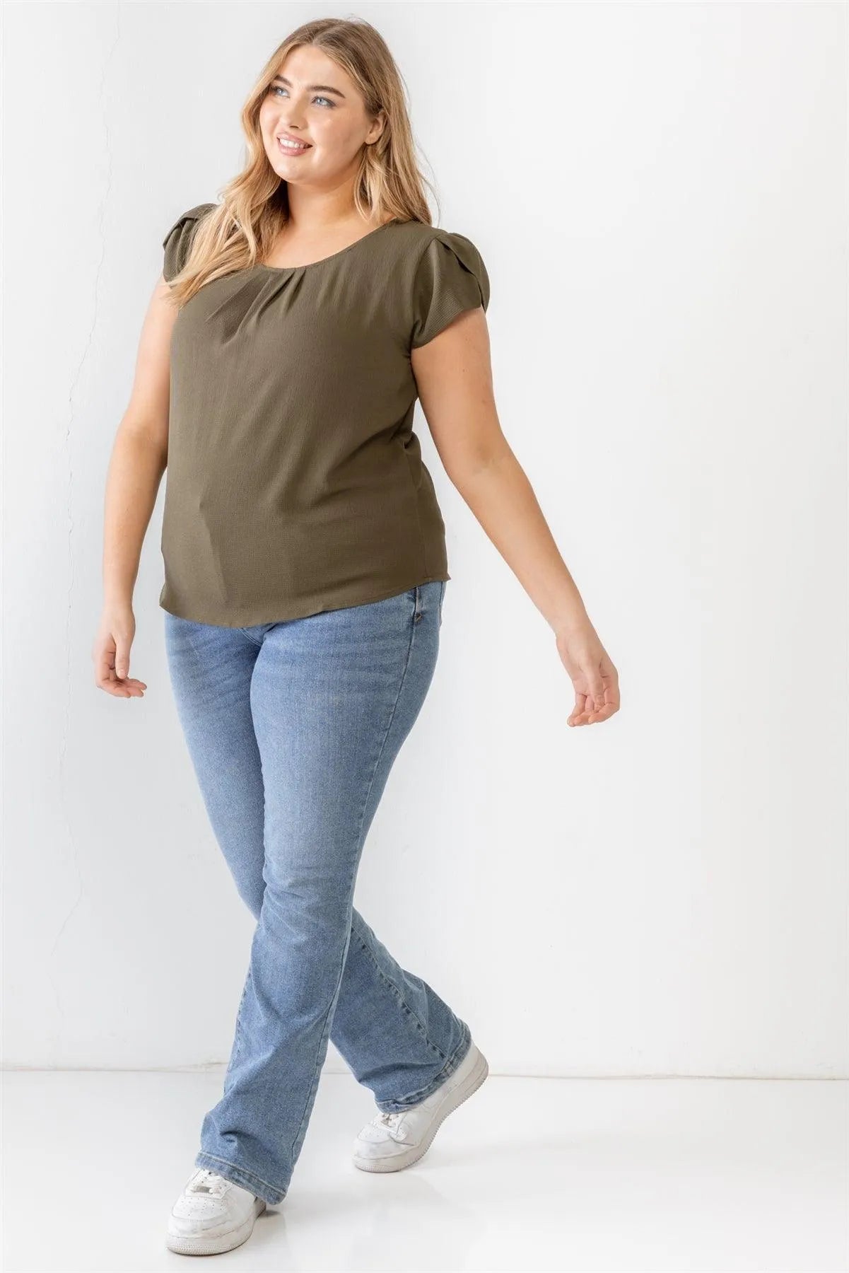 Junior Plus Olive Koshibo Textured Cap Sleeve Top /1-1-1 - Tasha Apparel Wholesale