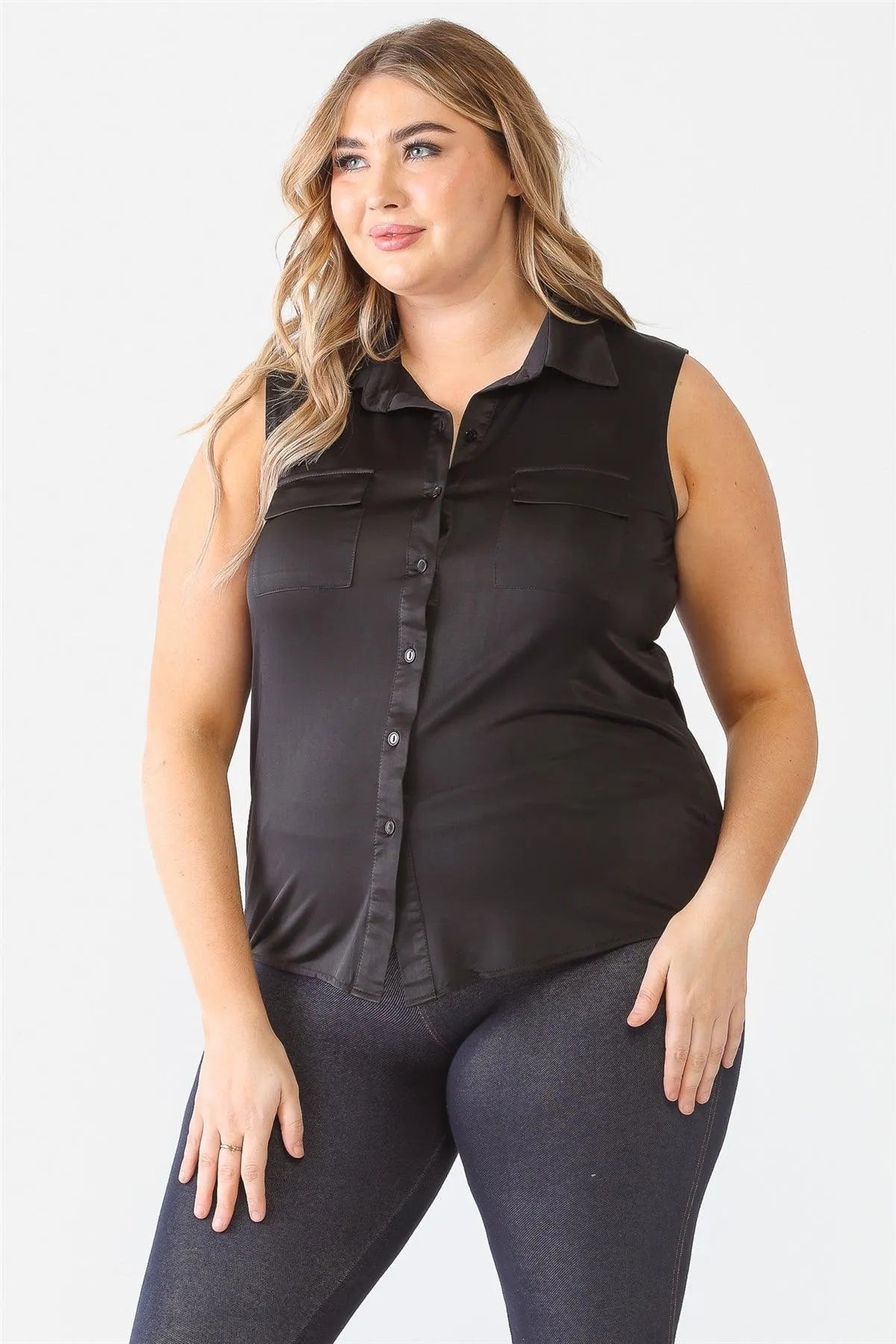 Junior Plus Black Sleeveless Shirt Top /1-1-1 - Tasha Apparel Wholesale