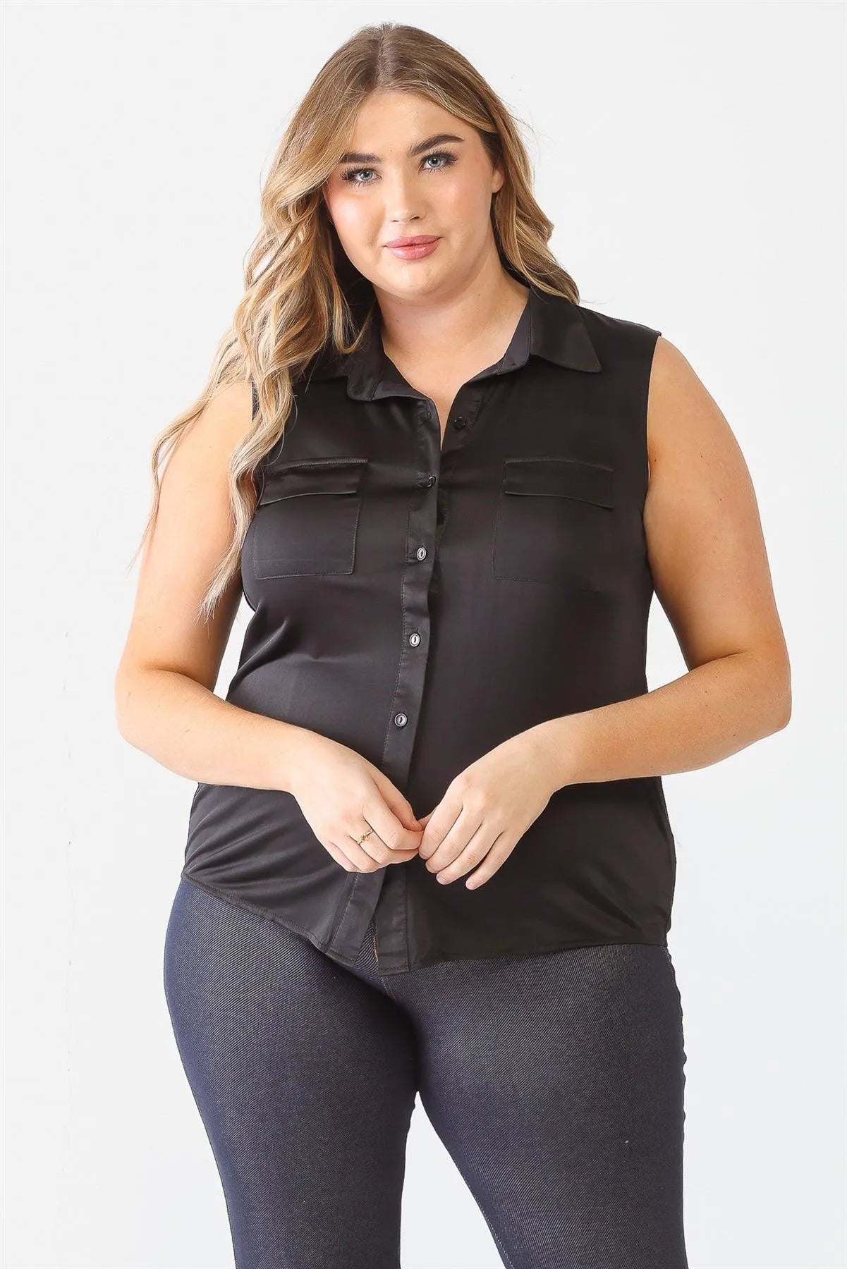 Junior Plus Black Sleeveless Shirt Top /2-1-1 - Tasha Apparel Wholesale