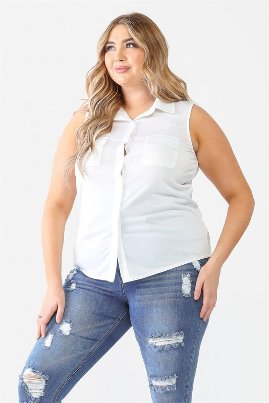 Junior Plus White Sleeveless Shirt Top /1-1-1 - Tasha Apparel Wholesale