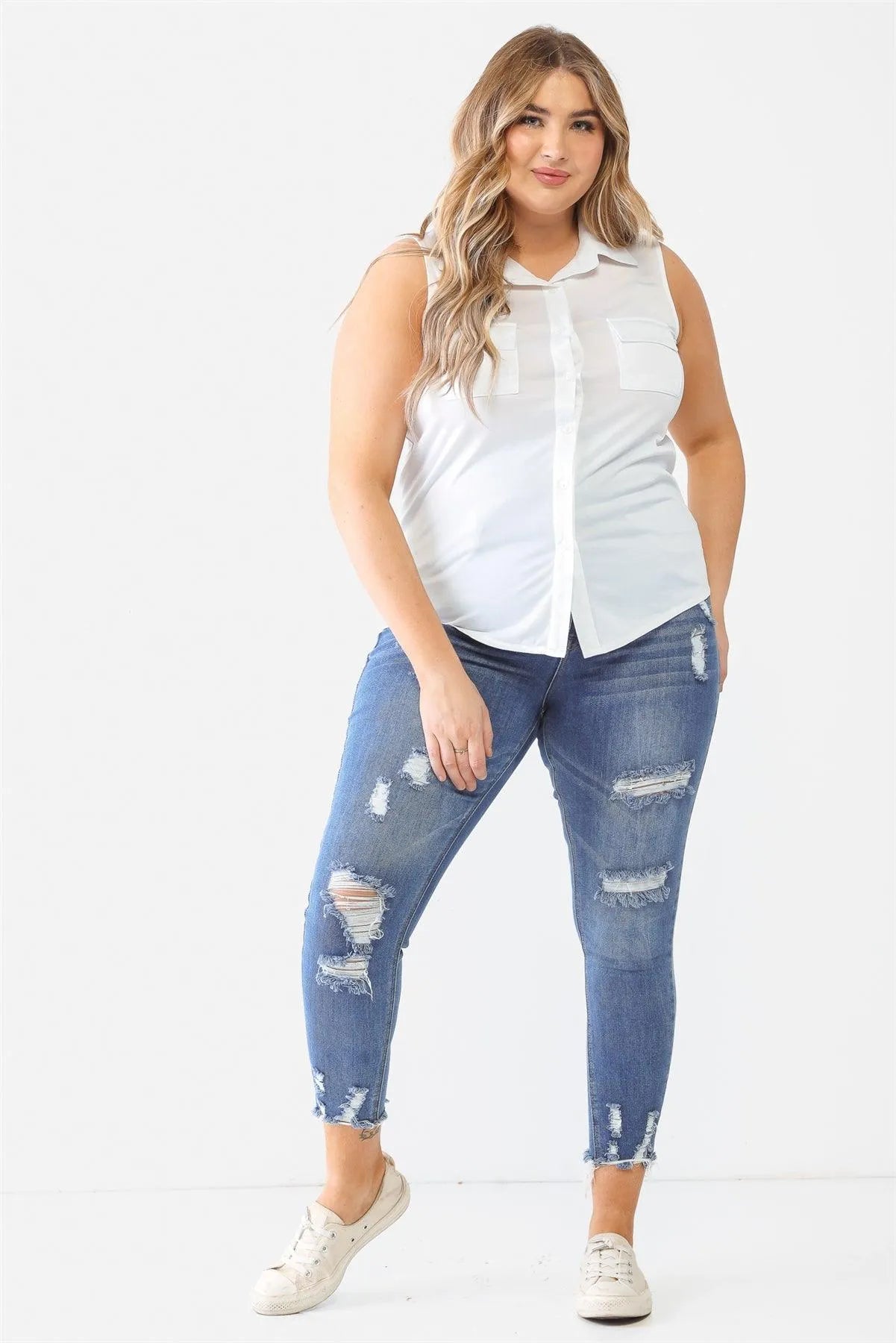 Junior Plus White Sleeveless Shirt Top /1-1-1 - Tasha Apparel Wholesale