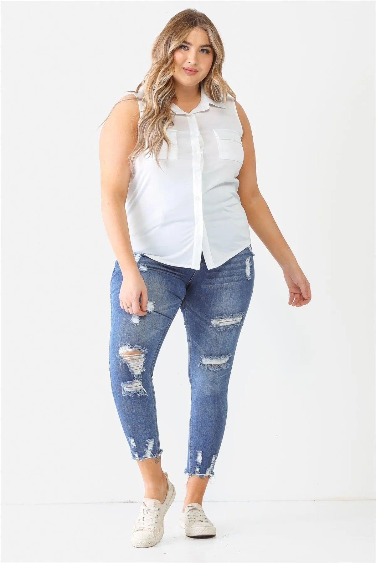 Junior Plus White Sleeveless Shirt Top /1-1-1 - Tasha Apparel Wholesale
