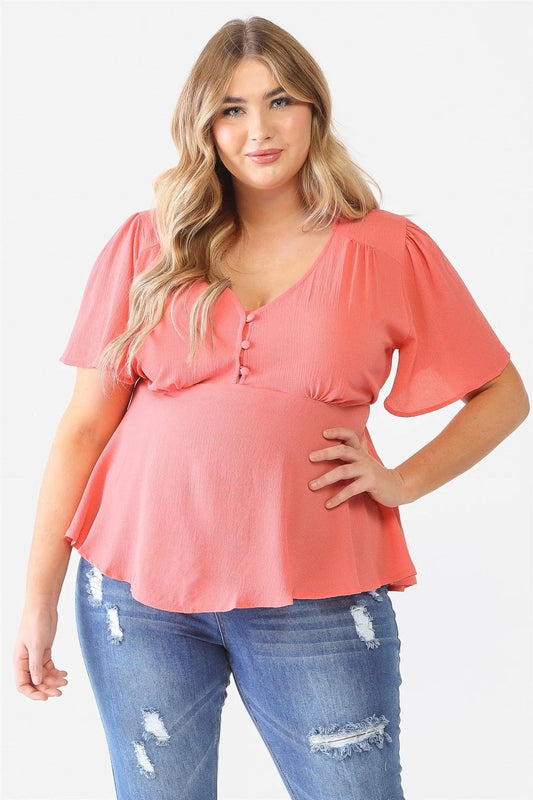 Junior Plus Coral Tie Detail Flare Top /1-1-1 - Tasha Apparel Wholesale
