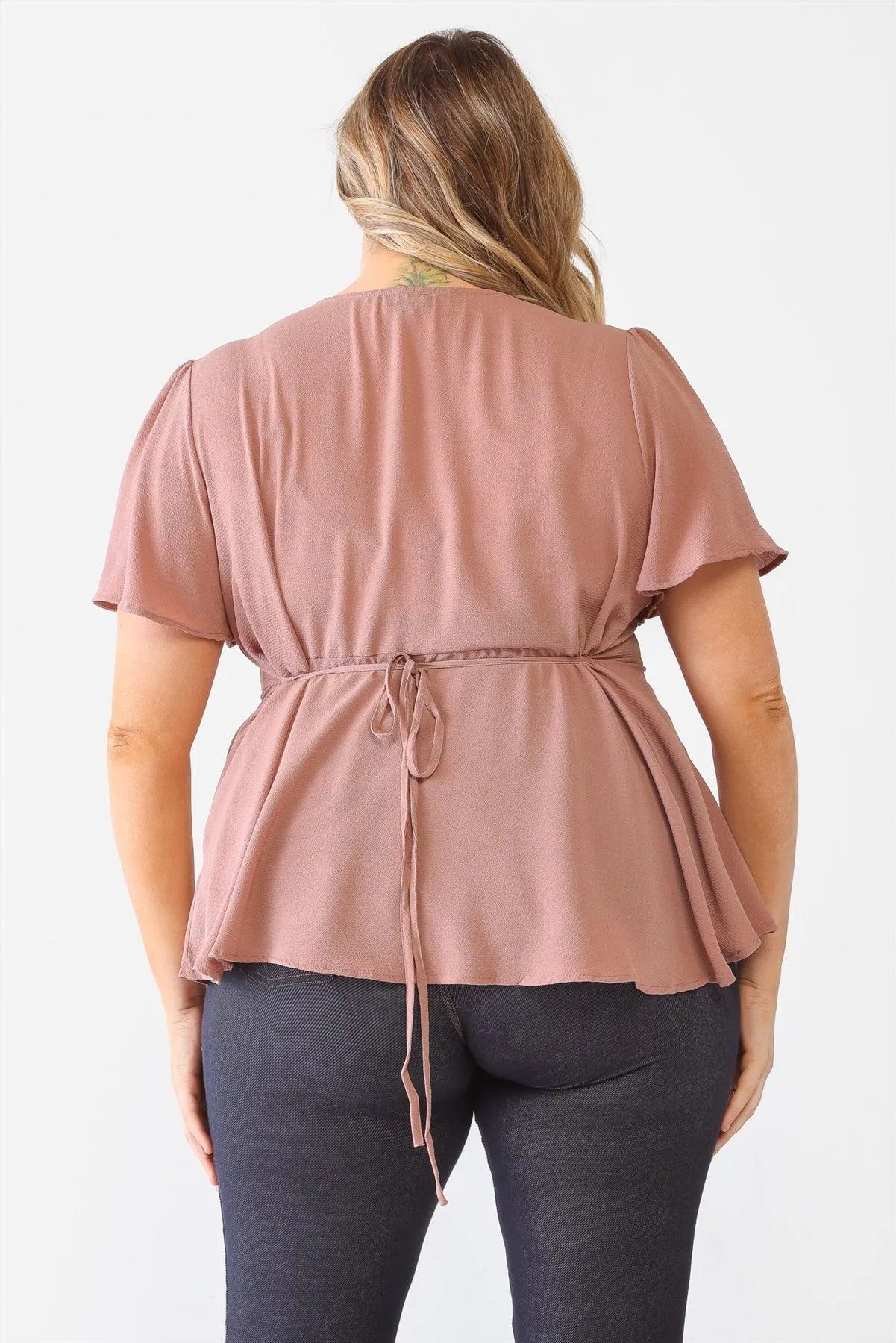Junior Plus Mauve Tie Detail Flare Top /1-1-2 - Tasha Apparel Wholesale