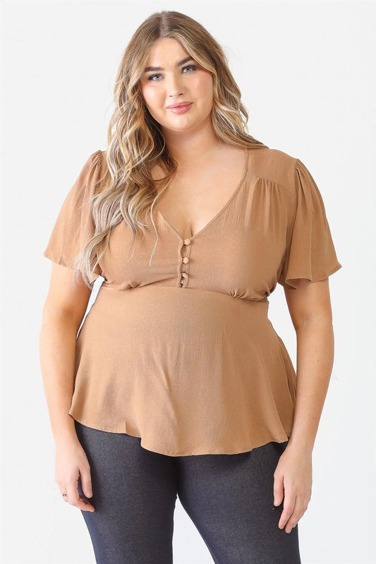 Junior Plus Mocha Tie Detail Flare Top /1-1-1 - Tasha Apparel Wholesale