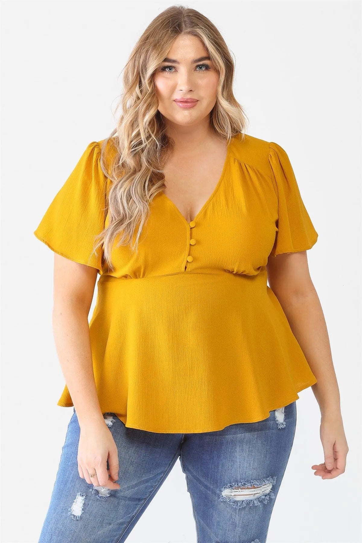 Junior Plus Mustard Tie Detail Flare Top /2-1-2 - Tasha Apparel Wholesale