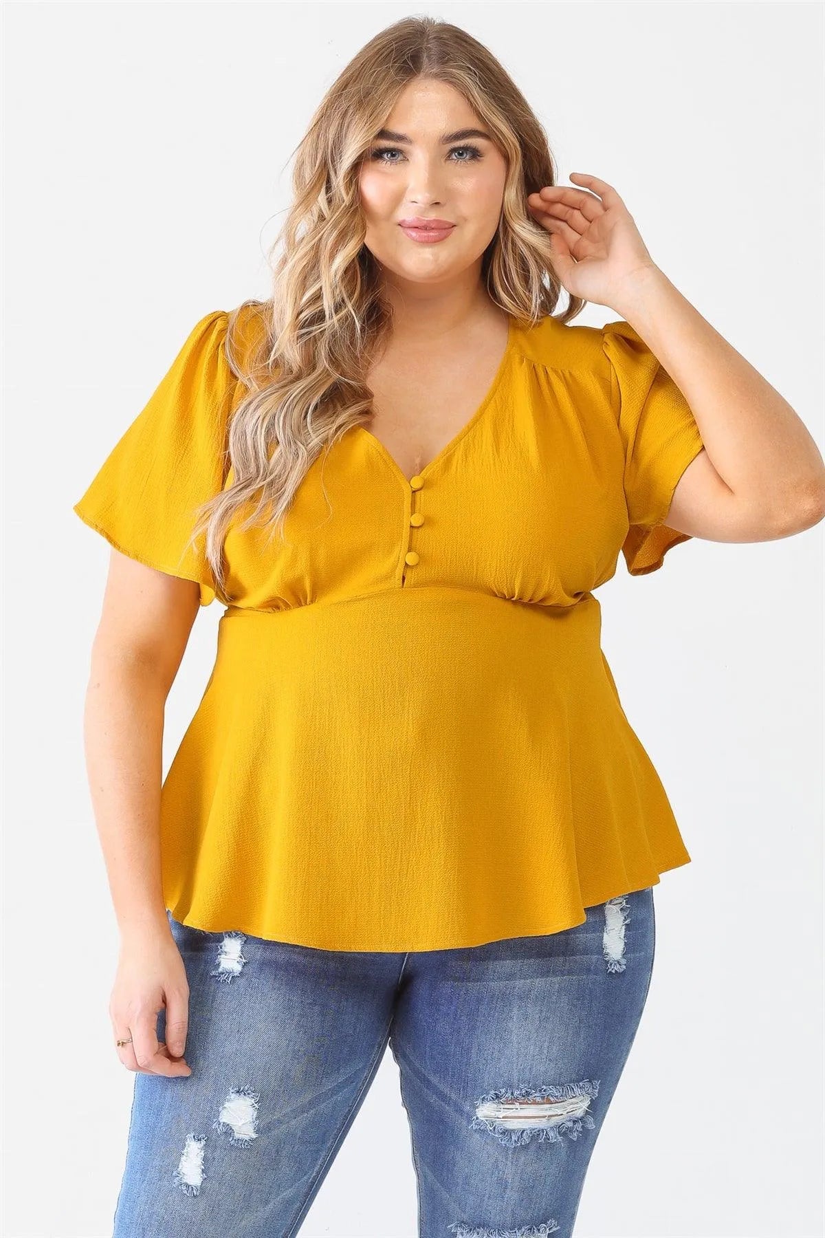 Junior Plus Mustard Tie Detail Flare Top /2-1-2 - Tasha Apparel Wholesale