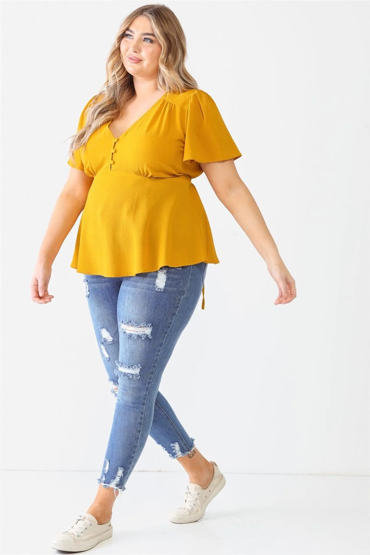 Junior Plus Mustard Tie Detail Flare Top /2-1-2 - Tasha Apparel Wholesale