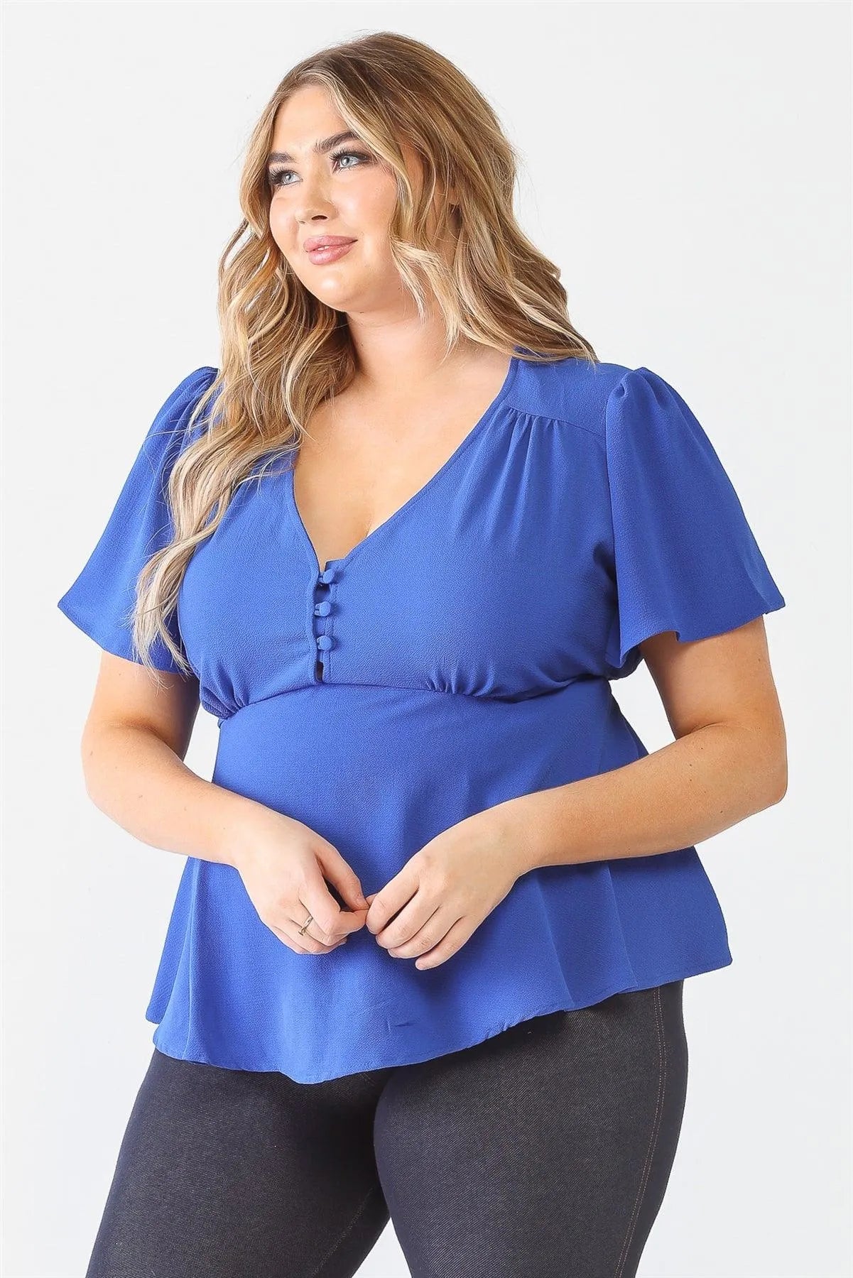 Junior Plus Royal Blue Tie Detail Flare Top /1-1-1 - Tasha Apparel Wholesale