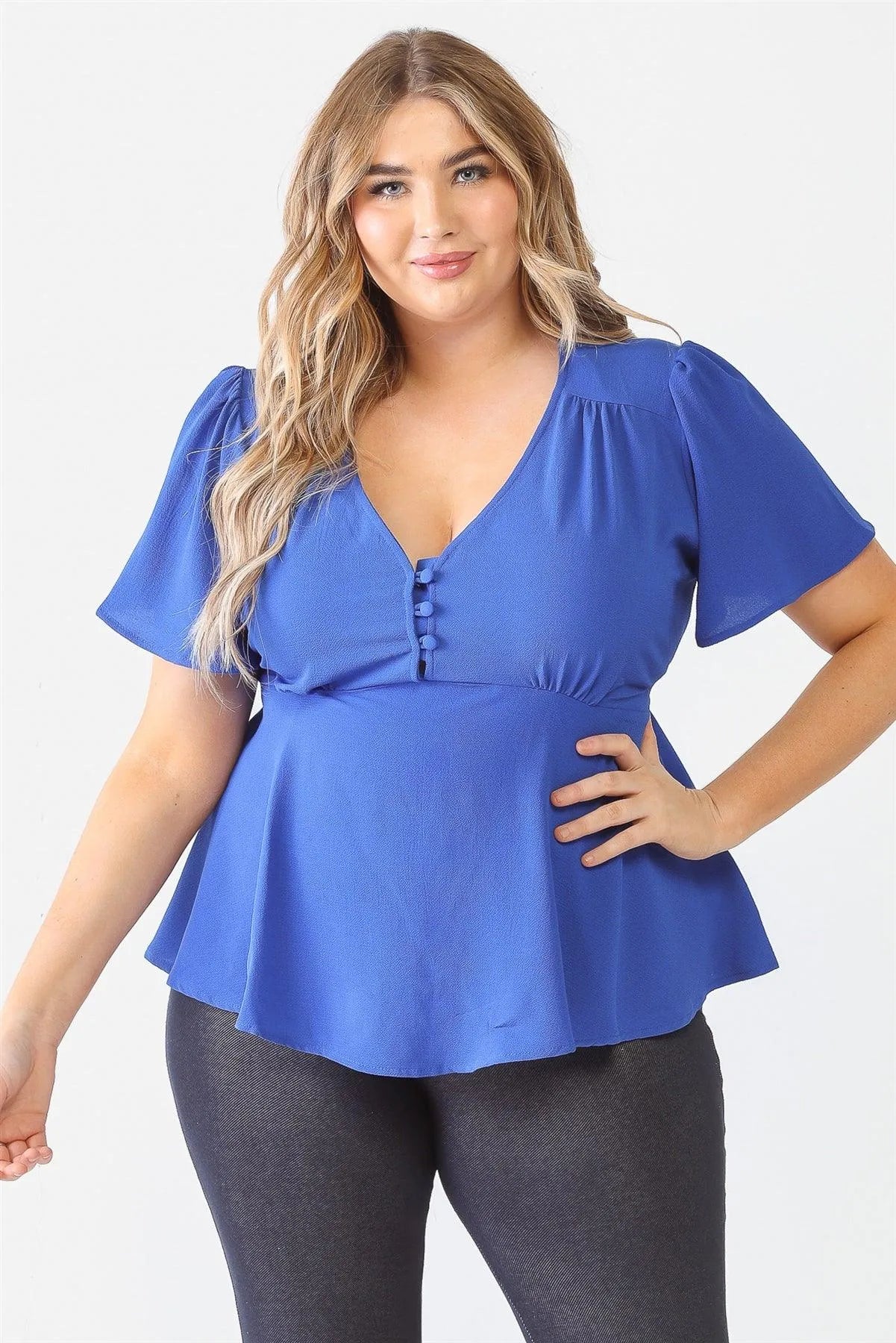 Junior Plus Royal Blue Tie Detail Flare Top /1-1-1 - Tasha Apparel Wholesale