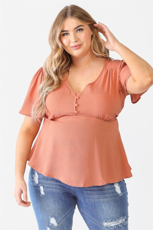 Junior Plus Rust Tie Detail Flare Top /1-1-1 - Tasha Apparel Wholesale