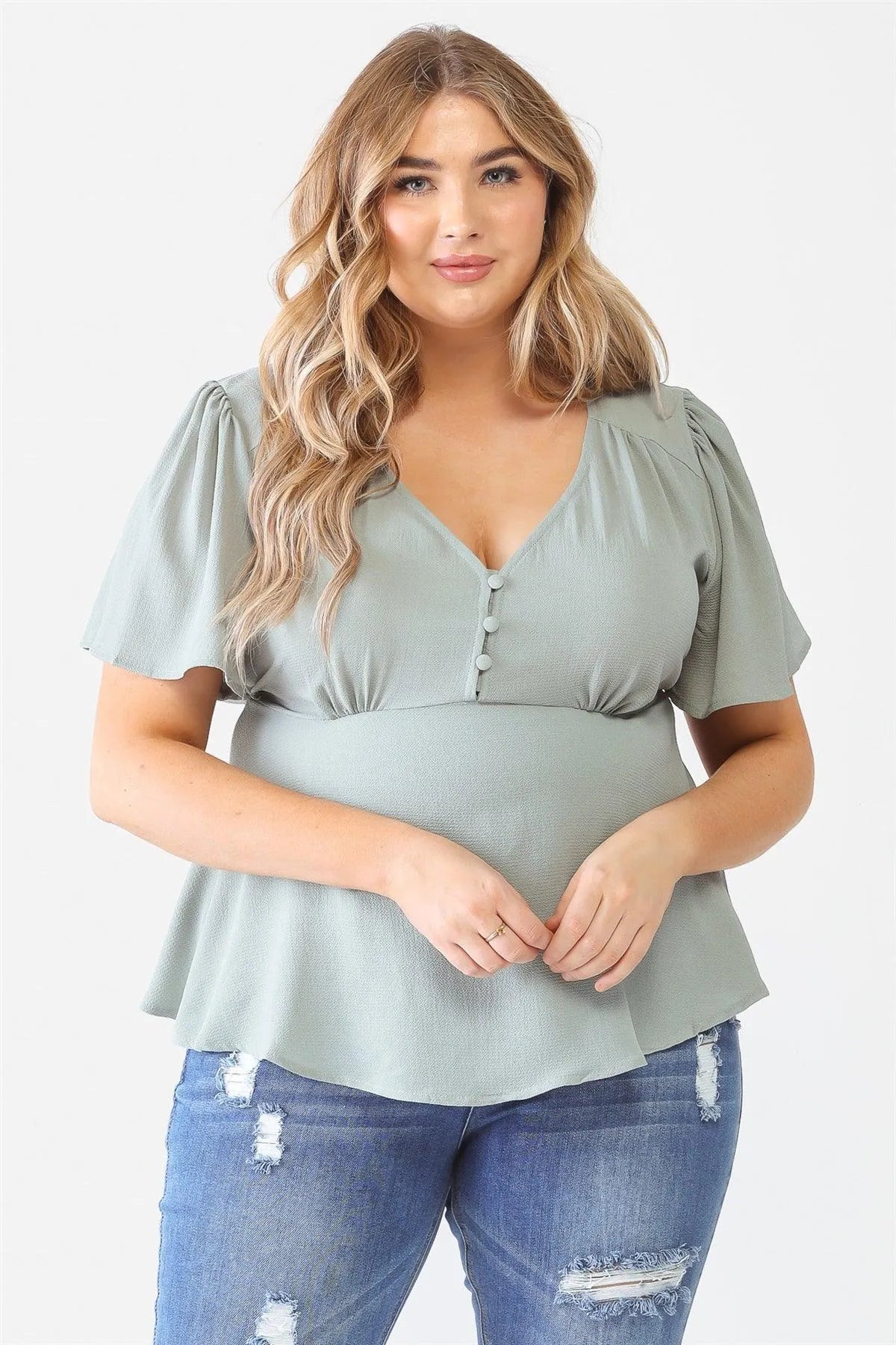 Junior Plus Sage Tie Detail Flare Top /1-1-1 - Tasha Apparel Wholesale