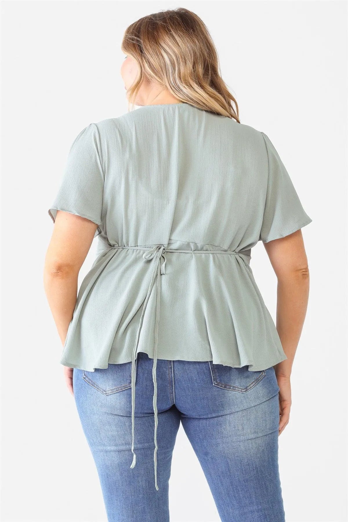 Junior Plus Sage Tie Detail Flare Top /1-1-1 - Tasha Apparel Wholesale