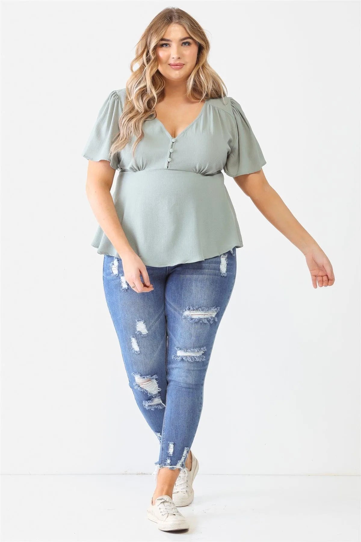 Junior Plus Sage Tie Detail Flare Top /1-1-1 - Tasha Apparel Wholesale